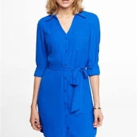 NWT Express Shirt Dress Roll Tab Sleeve Belted Blue Size Small - Picture 2 of 6